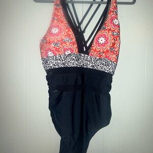 Floral and Leopard Print One Piece Swimsuit
